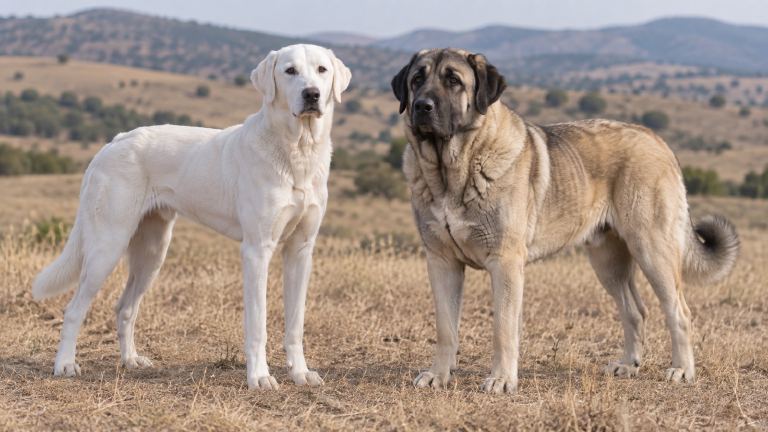 White Akbash dog beside a fawn black-masked Anatolian Shepherd showing the difference in color and build