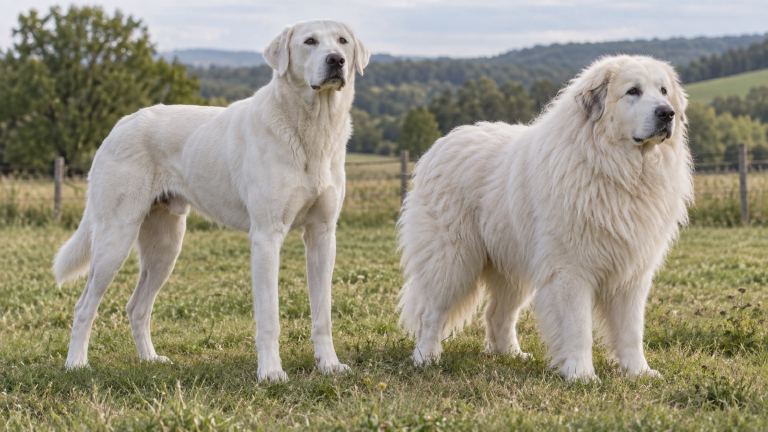 Akbash and Great Pyrenees standing side by side showing the difference in leg length and coat
