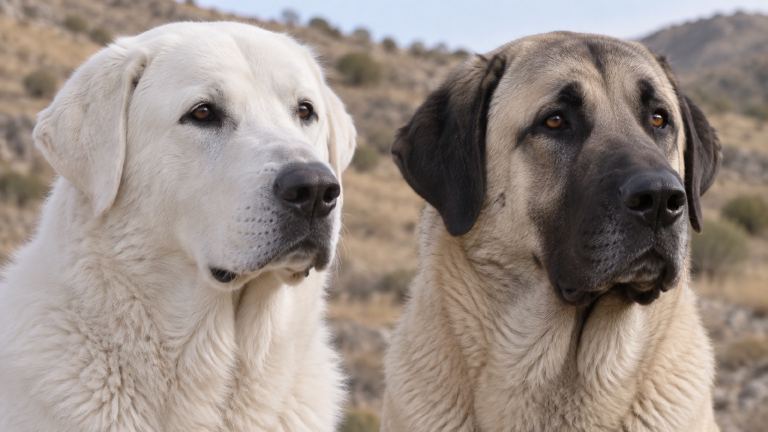 Close view of a white Akbash head beside a fawn Kangal head with black mask