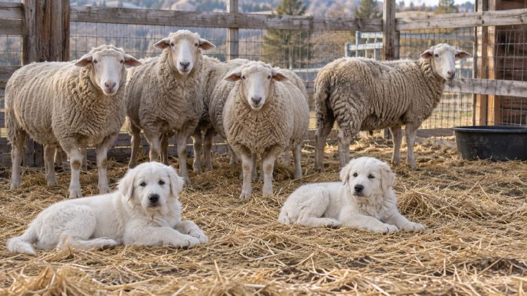 Small bonding pen with two Akbash puppies and a group of calm ewes
