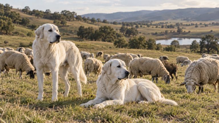 Two adult Akbash dogs resting among a flock of sheep in open pasture