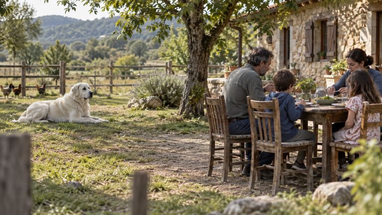 Akbash dog watching calmly from a distance as a family eats at an outdoor table