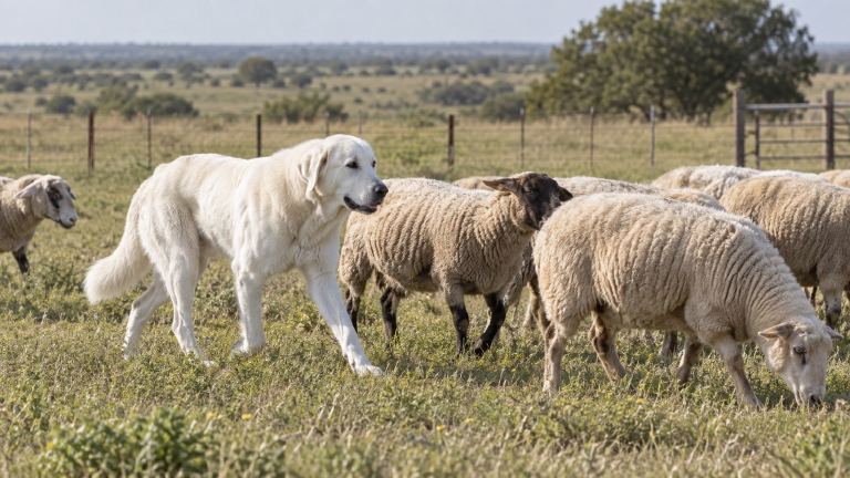 White Akbash dog working among sheep on a Texas ranch